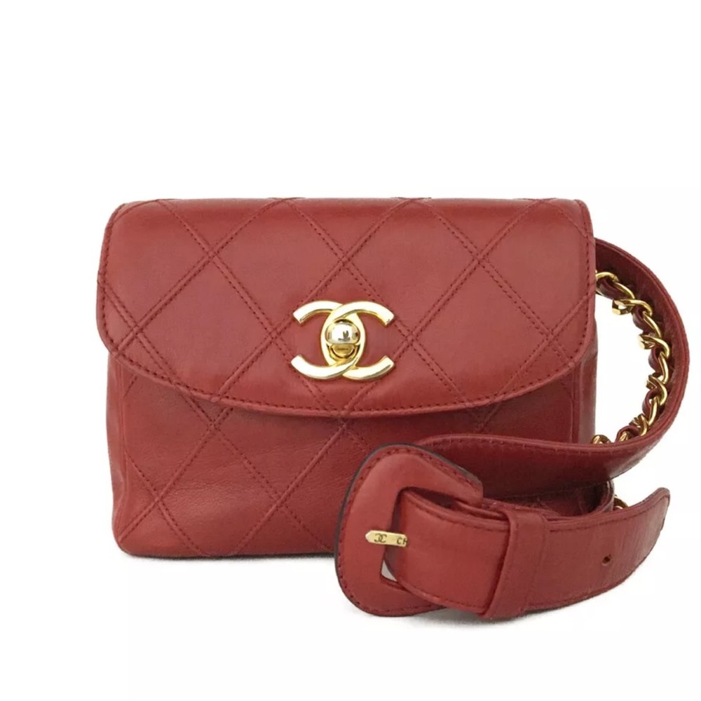 CHANEL Quilted Matelasse CC Logo Lambskin Waist Pouch Bum Bag Red Size 70